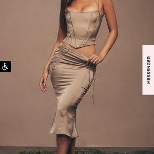 House of CB Sidone Lace up Satin Trumpet MIDI Skirt